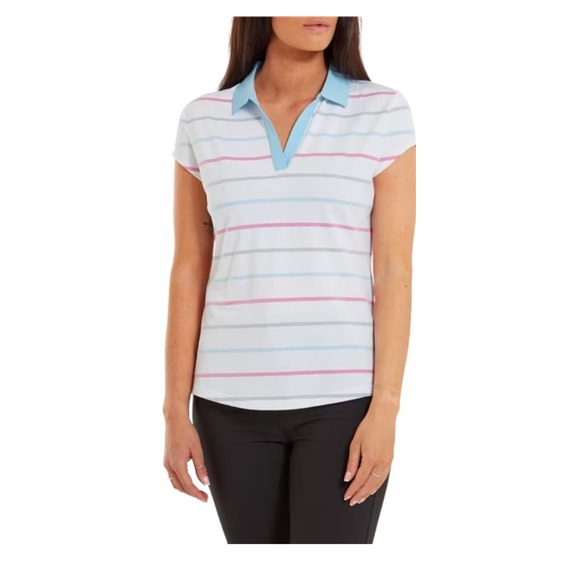 FootJoy Birdseye Stripe Smooth Jacquard Damen Poloshirt, weiss/blau