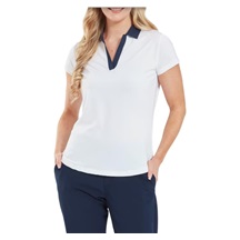 FootJoy Cap Sleeve Print Trim Lisle Damen Poloshirt, weiss/dunkelblau