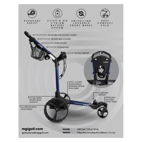 MGI E-Boost hybrid golf trolley 2026 elektrischer Trolley, matt navy