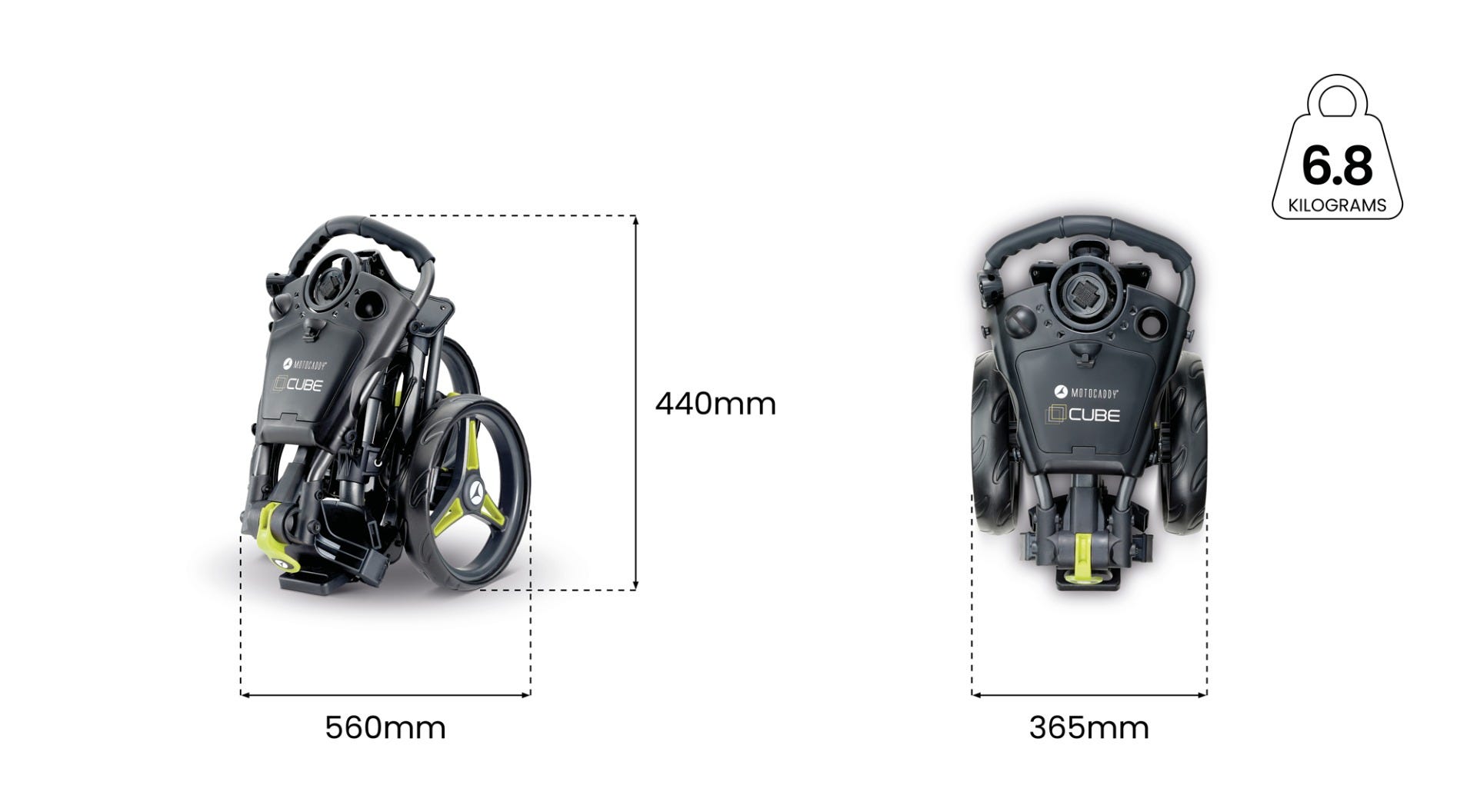 Motocaddy CUBE Spezifikationen, R&auml;der und Abmessungen Diagramm